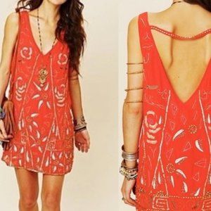 Free People Secret Garden Sequin Shift Dress in Orange Sz L